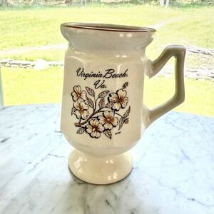 VTG 70s Virginia Beach VA Souvenir Mug Taiwan‎ Ceramic Pedestal Floral Cup